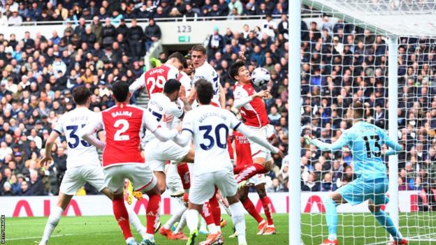 Kai Havertz scores Arsenal's 3rd extremity against Tottenham astatine nan Tottenham Hotspur Stadium