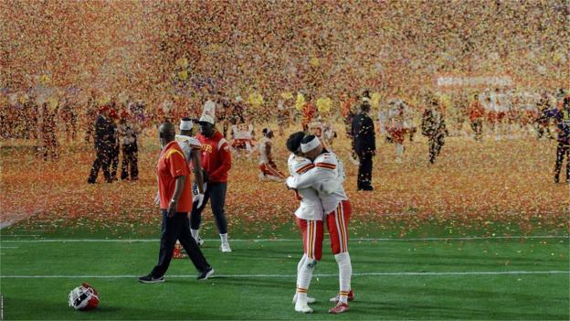 Trent McDuffie and Brian Cook of the Kansas City Chiefs celebrate