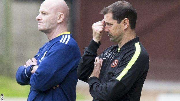 Jackie McNamara (right) looks frustrated in the Dundee United dugout
