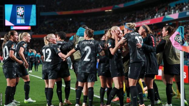 New Zealand's players celebrate scoring against Norway at the Women's World Cup