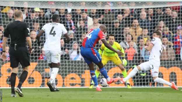 Jean-Philippe Mateta scores Crystal Palace's fifth goal against West Ham at Selhurst Park