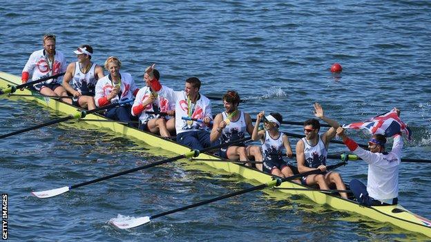 The GB men's eight in rowing at Rio 2016 celebrate