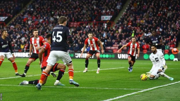 Alfie Doughty scores for Luton against Sheffield United in the Premier League