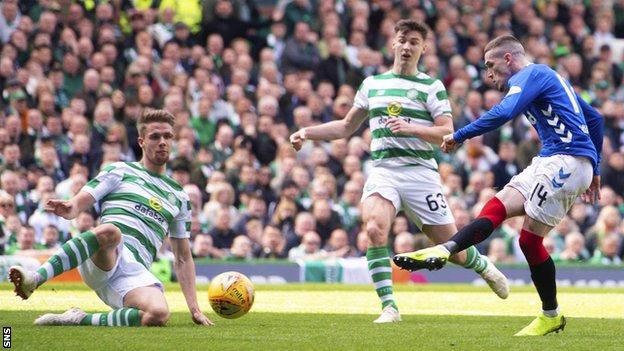 Ryan Kent scores for Rangers against Celtic