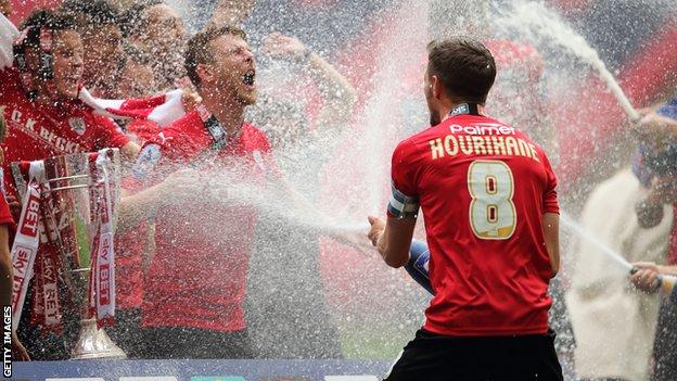 Conor Hourihane leads the celebrations after Barnsley's win over Millwall in the 2015-16 League One play-off final