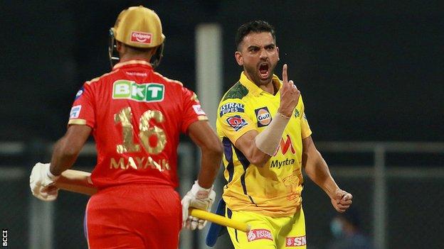 Deepak Chahar celebrates taking a wicket