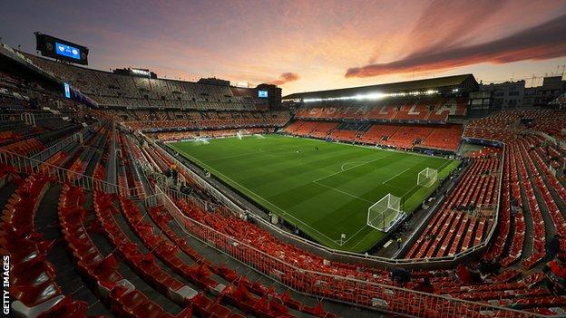 General view of Valencia's Mestalla Stadium with no supporters present