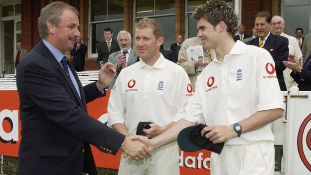 Anthony McGrath and James Anderson receiving their archetypal  England caps from president  of selectors David Graveney.