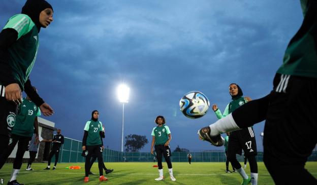 Players of Saudi women's football team attend a training session in Taif on September 21, 2023
