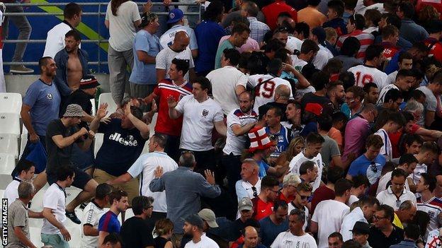 Clashes between supporters in the stands after England v Russia in Marseille at the 2016 European Championship