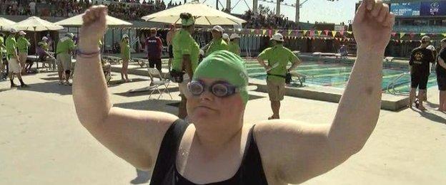 Sarah Jane Johnston celebrates winning bronze in the 100m backstroke in Los Angeles