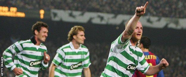 John Hartson celebrates scoring for Celtic in the Nou camp in 2004