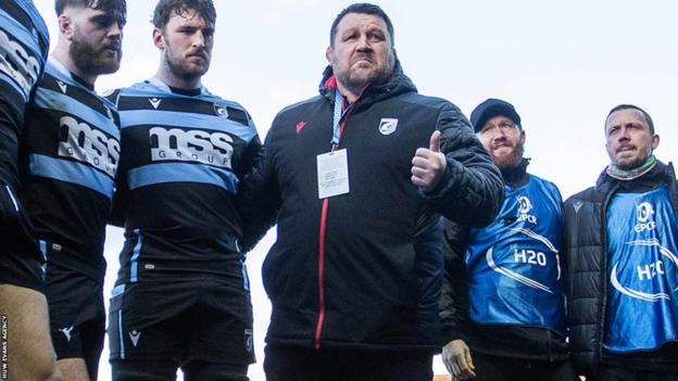 Dai Young addresses Cardiff players after they played Newcastle in January, 2023