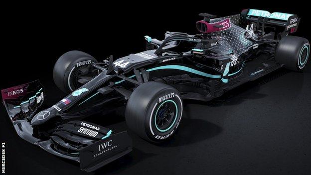 The Mercedes F1 car in black livery for the 2020 season