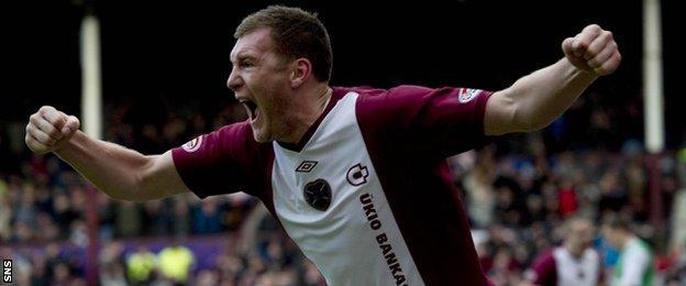 Kevin Kyle celebrates scoring for Heart of Midlothian against Hibernian