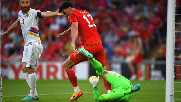 Wales striker Kieffer Moore was sent off after clashing with Armenia goalkeeper Ognjen Chancharevich