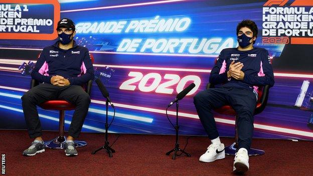 Sergio Perez and Lance Stroll during the Portuguese Grand Prix press conference