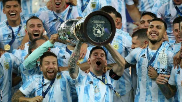 Argentina celebrates after winning the 2021 Copa America
