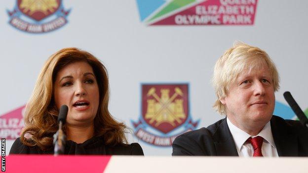 Karen Brady and the Mayor of London Boris Johnson talks to the press during the press conference to announce the future of the Olympic Stadium