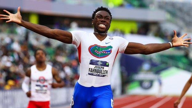 Joseph Fahnbulleh reacts after winning the 100m title at the NCAA championships