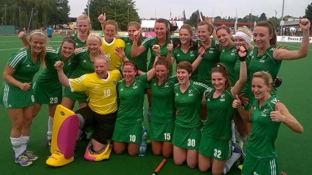 Ireland celebrate after beating Belarus in their Eurohockey Championships II semi-final