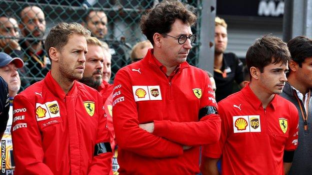 Sebastian Vettel, Mattia Binotto, and Charles Leclerc