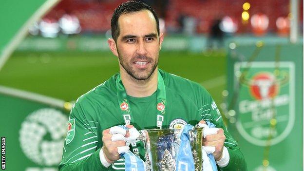 Claudio Bravo celebrates winning the League Cup with Manchester City