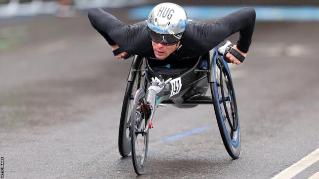 Wheelchair user Marcel Hug in action at the London Marathon