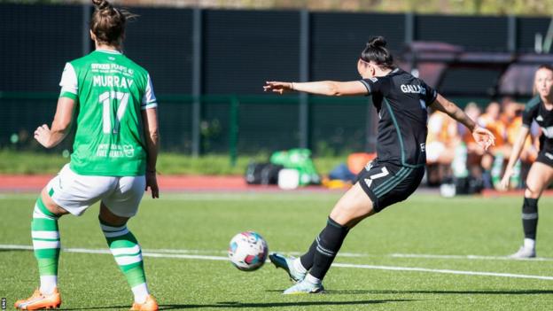 Amy Gallacher scores the first of her three goals for Celtic against Hibernian