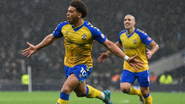 Southampton forward Che Adams celebrates scoring at the Tottenham Hotspur Stadium last season.