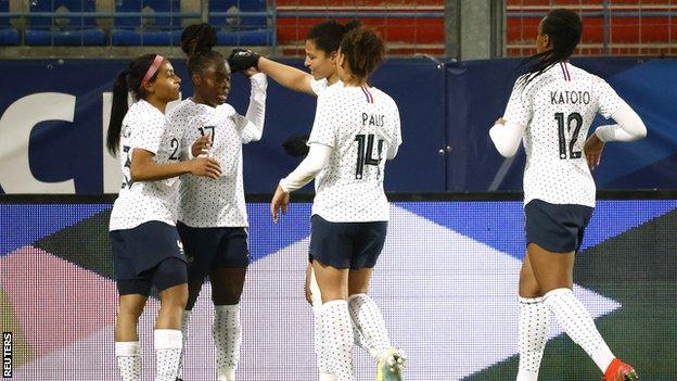 France celebrating their opening goal against England
