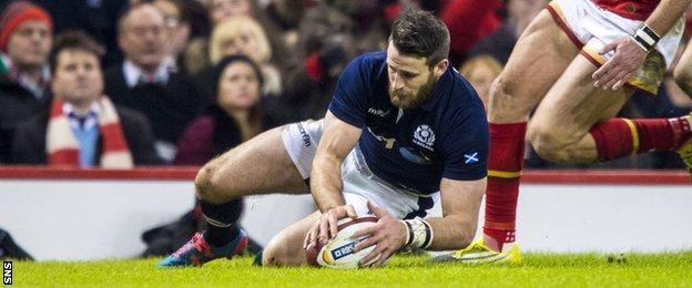 Tommy Seymour scores a try for Scotland against Wales