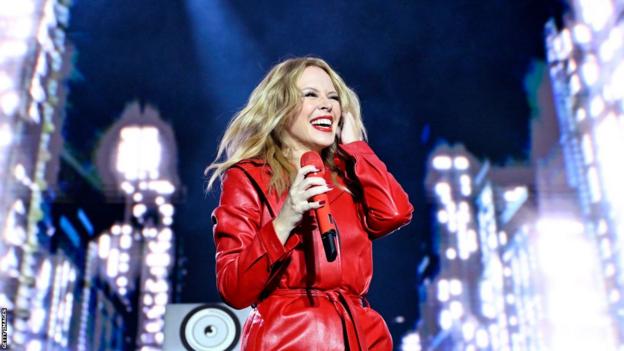 Kylie Minogue performing at the las vegas grand prix