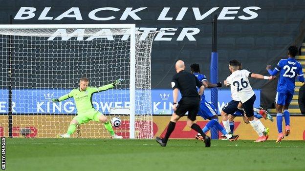 Manchester City's Riyad Mahrez is denied by Leicester keeper Kasper Schmeichel