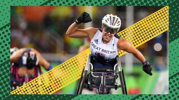Hannah Cockroft celebrates crossing the line to win T34 800m gold at the Rio Paralympics