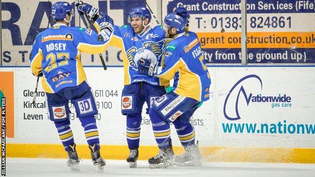 Fife Flyers' Carlo Finucci (centre) celebrates his hat-trick that sunk Braehead Clan on Sunday