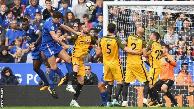 Harry Maguire scores for Leicester against Brighton