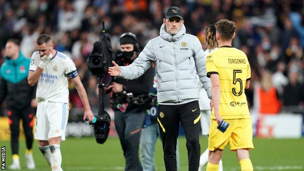 Chelsea boss Thomas Tuchel reacts after Chelsea exit the Champions League at the hands of Real Madrid