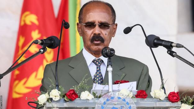 Eritrea's President Isaias Afewerki delivers an address during the official 32nd Anniversary of Independence celebration at Asmara Stadium on 24 May 2023