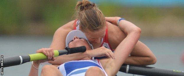 Helen Glover and Heather Stanning of Great Britain celebrate in their boat after winning gold