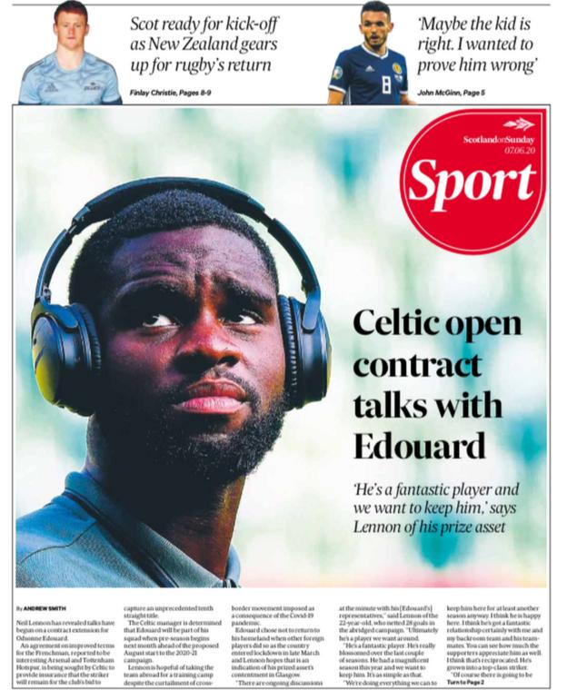 The back page of the Scotland on Sunday on 070620
