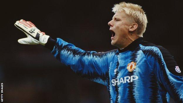 Peter Schmeichel playing for Manchester United in 1991