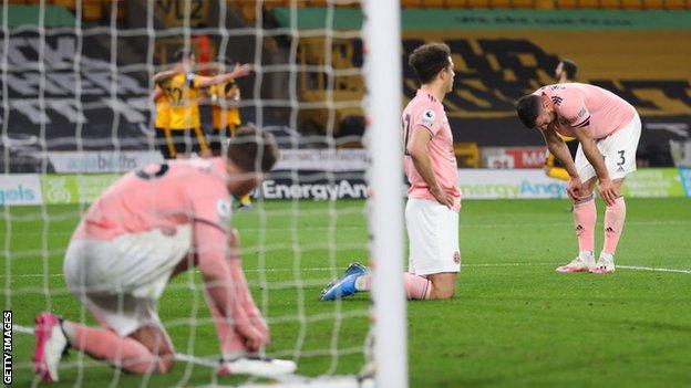 Sheffield United players look despondent after Wolves score