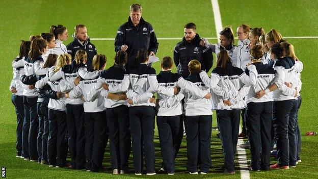 Scotland Women rugby team in a huddle