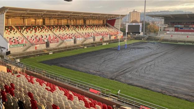 Kingspan Stadium pitch with frost cover