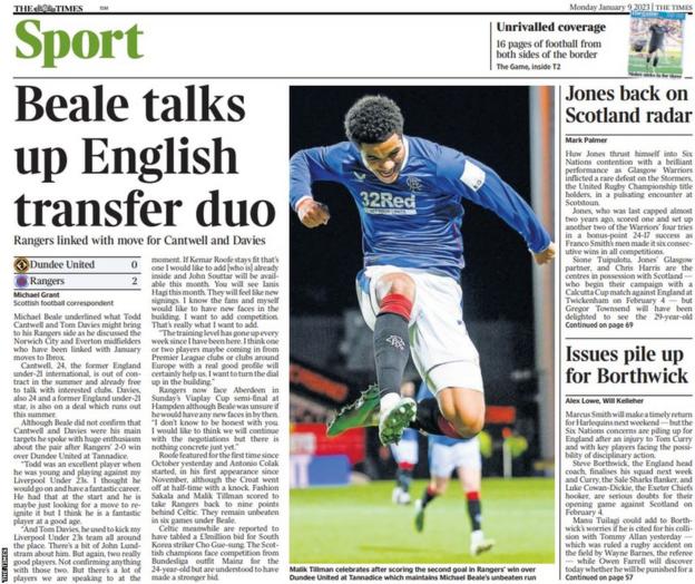 Back page of Scottish edition of The Times at 090123