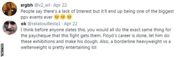 A boxing fan on Twitter says Mayweather v Logan Paul will be one of the biggest PPV events of the year, while another fan says the weight different will make it prettey entertaining