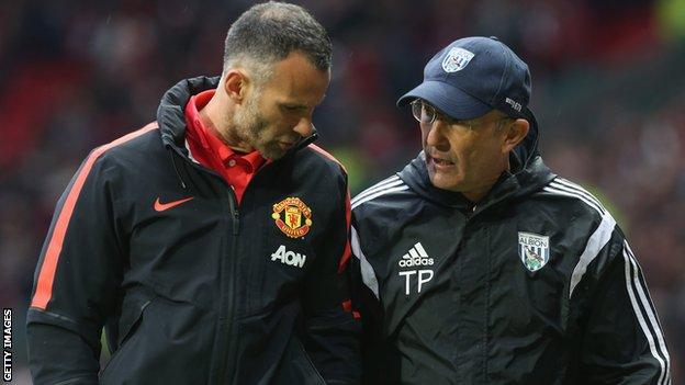 Ryan Giggs and Tony Pulis in conversation when Giggs was caretaker manager of Manchester United and Pulis was boss of West Bromwich Albion