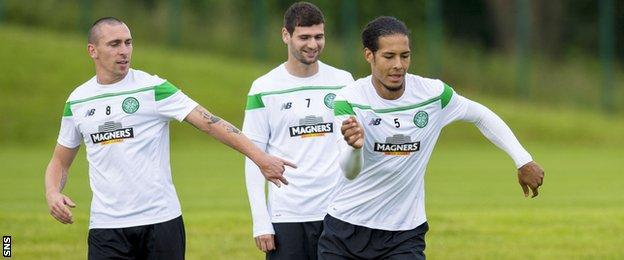 Celtic players Scott Brown, Nadir Ciftci and Virgil van Dijk in training