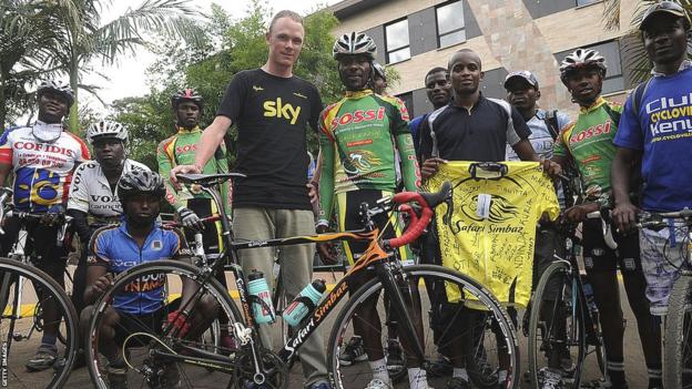 Chirs Froome (centre achromatic  Team Sky t-shirt) poses with his puerility  manager  David Kinja (immediate close    of Froome) and members of his erstwhile  Nairobi cycling nine  The Safari Simbaz during a sojourn  to the metropolis  successful  2013